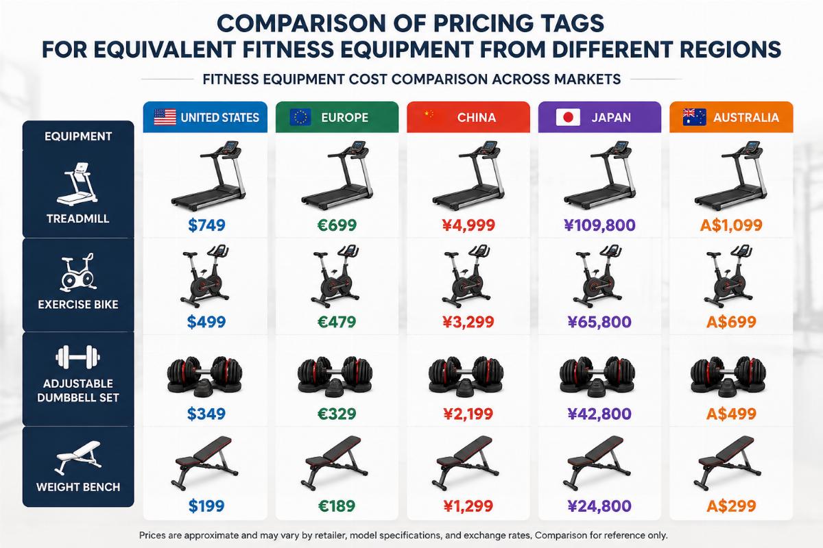 Comparison of pricing tags for equivalent fitness equipment from different regions