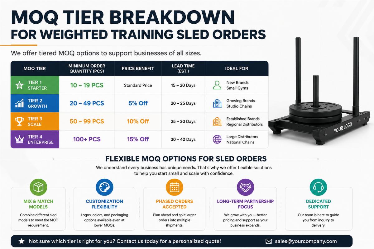 MOQ tier breakdown for weighted training sled orders