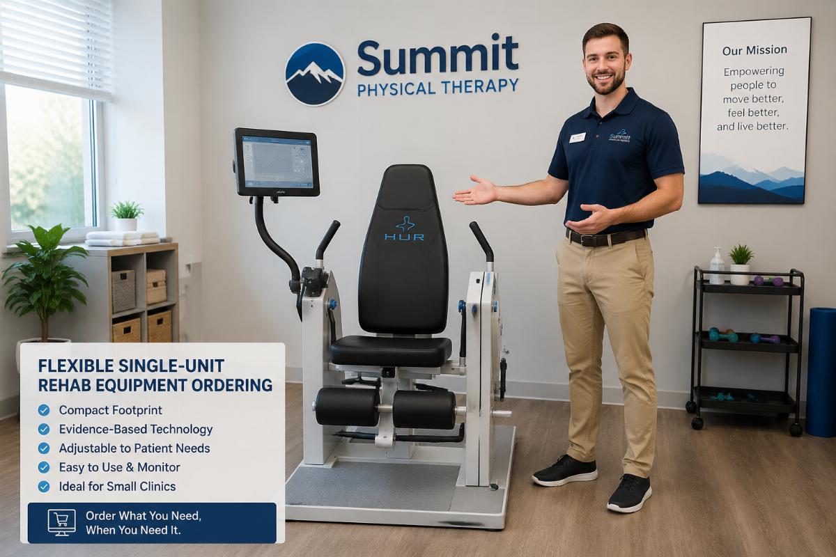 A physical therapy clinical staff member demonstrating a single rehabilitation unit in a small clinic