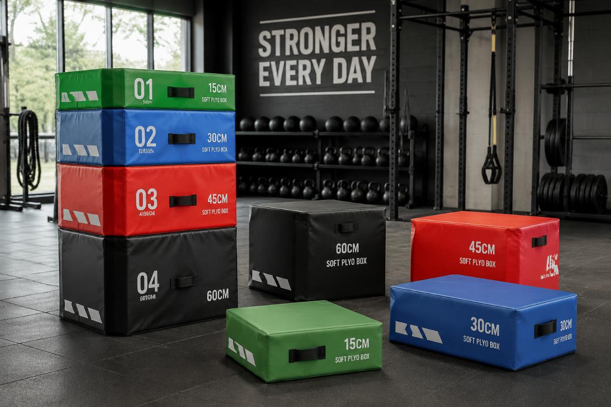 Multiple height foam soft plyo boxes arranged in a functional training space