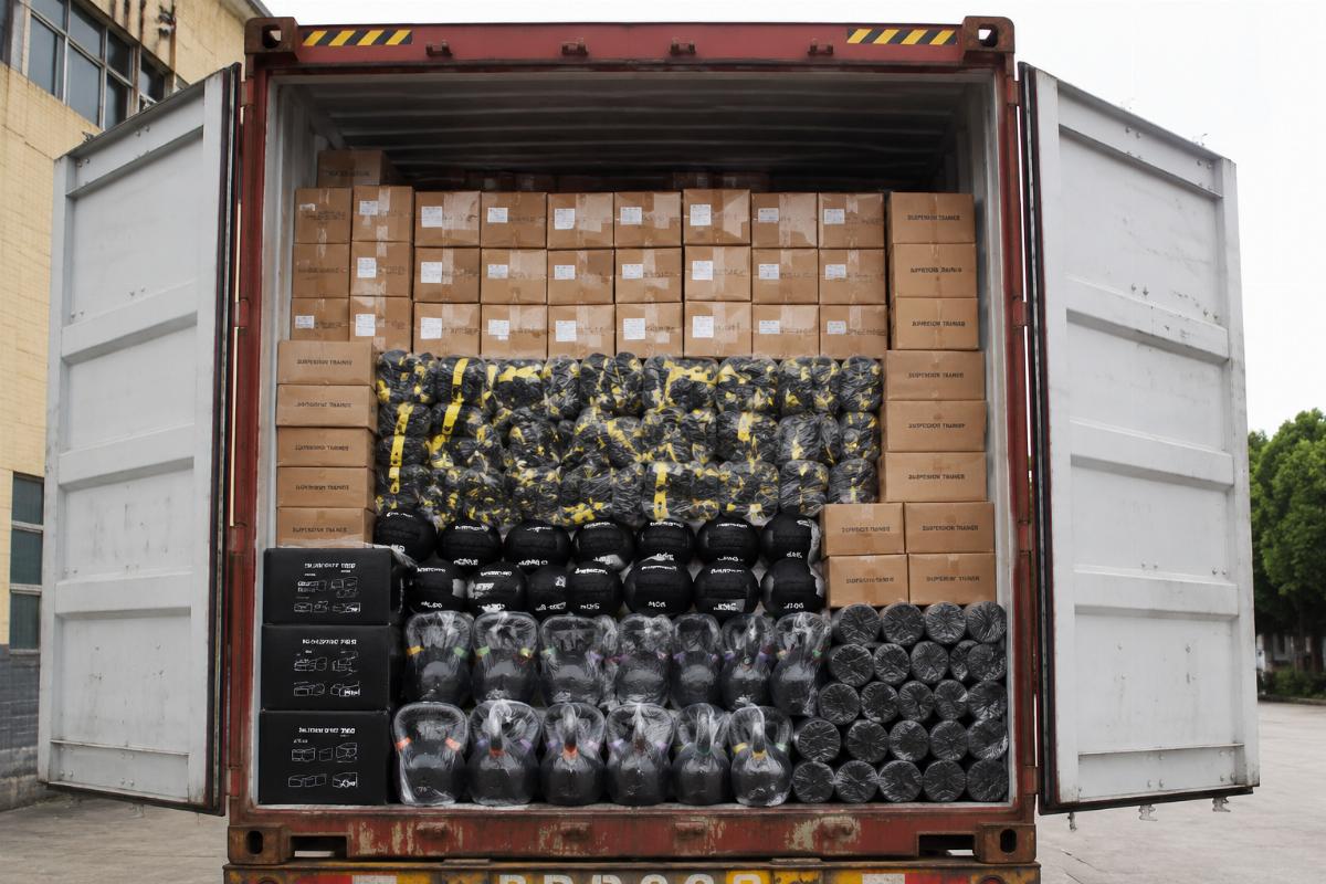 Full container bulk order of fitness equipment including suspension trainers Full 40HQ container loaded with functional training equipment including bulk suspension trainers