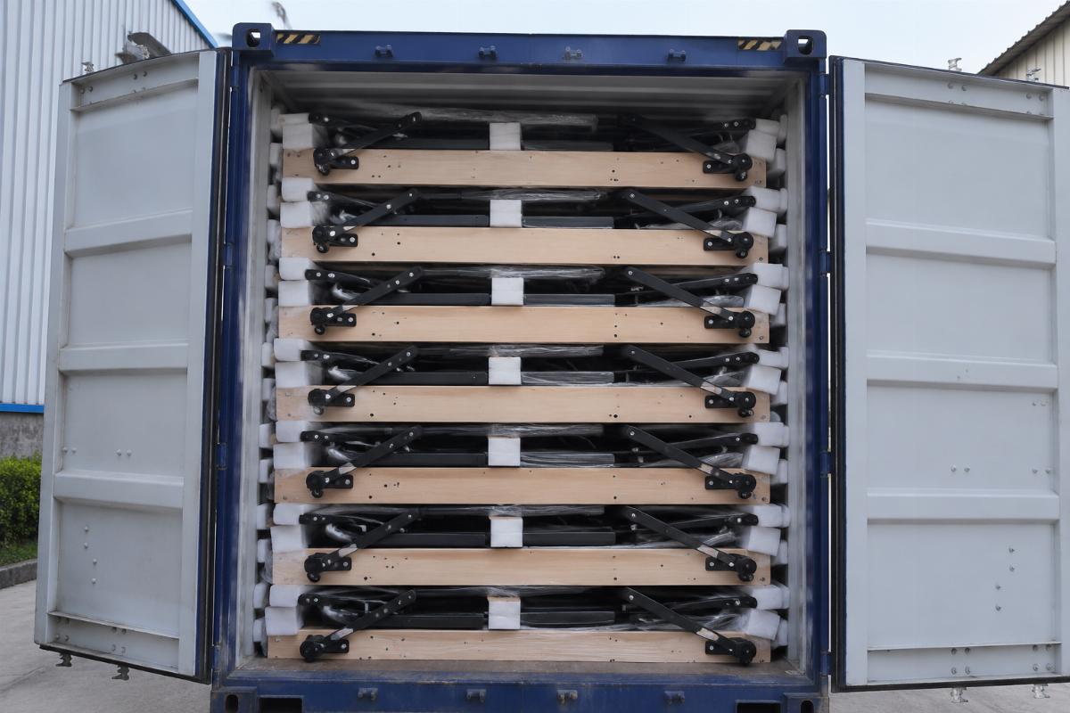 Full 40HQ container loaded with stacked Pilates reformer units