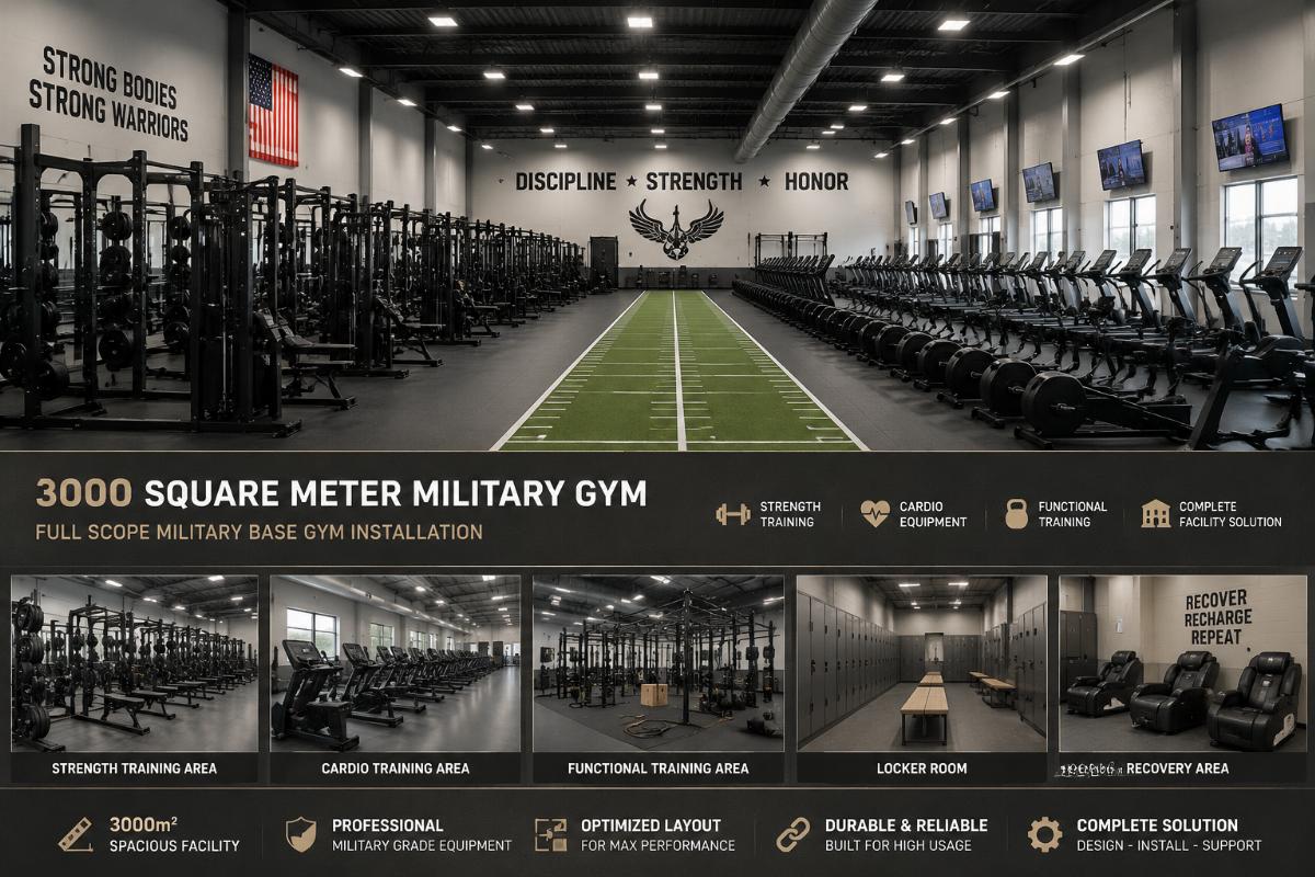 3000 square meter military gym with full rack of strength machines and cardio units