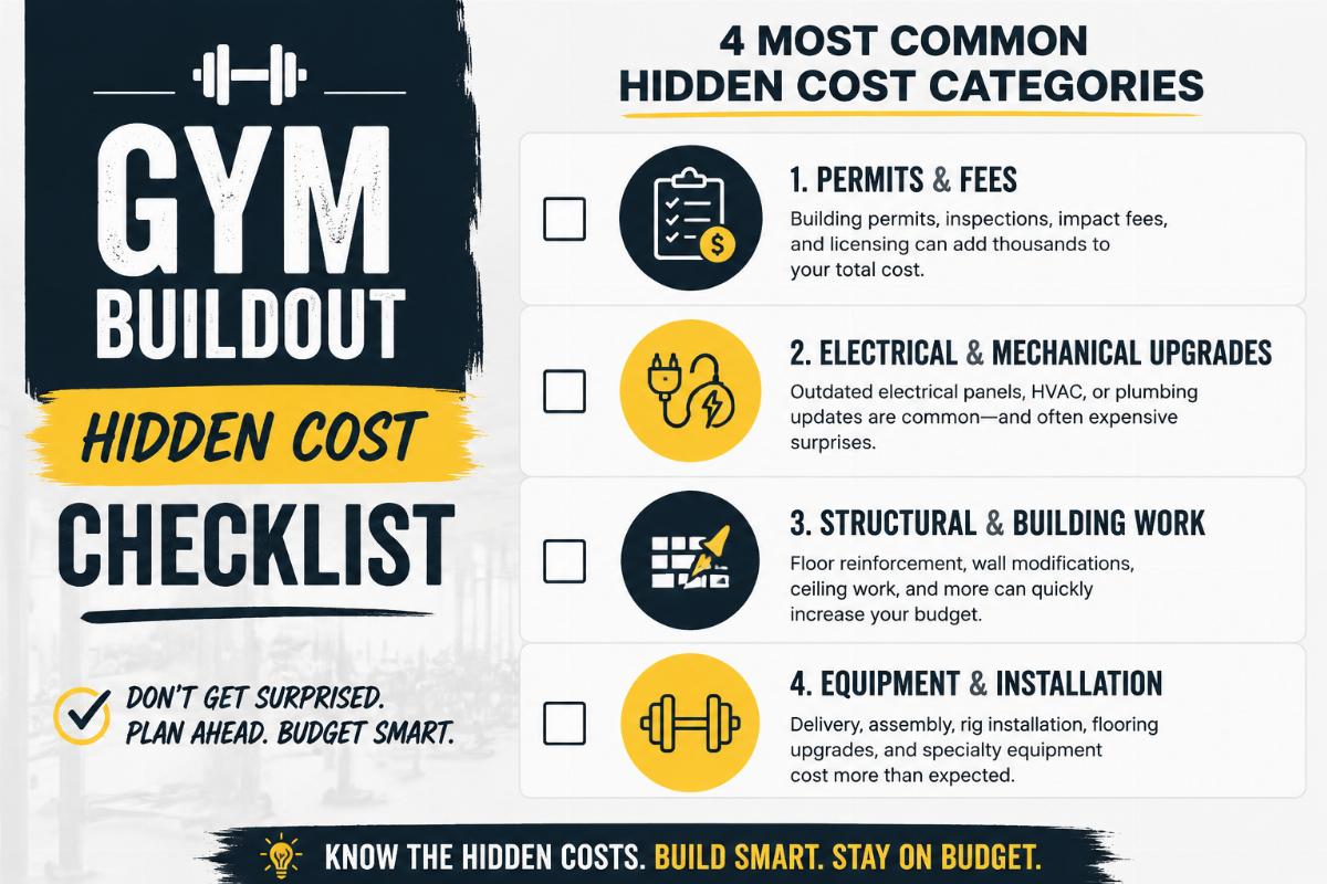 A checklist graphic highlighting the four most common hidden cost categories for gym buildouts