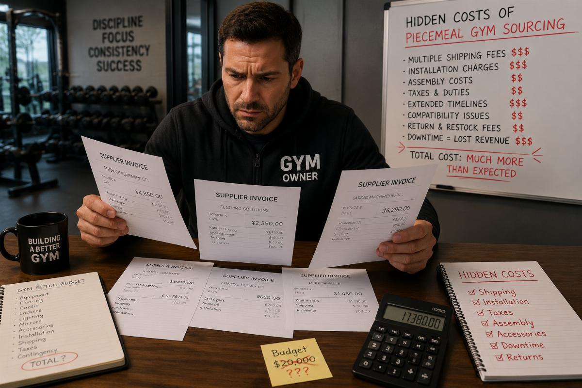 Gym owner reviewing multiple supplier invoices on a desk