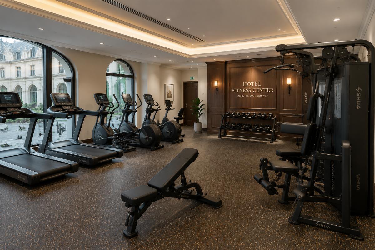 Completed on-site fitness center in a European hotel with cardio and strength equipment