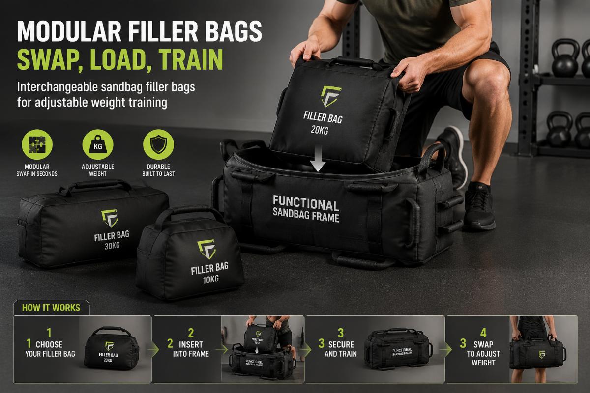 Modular filler bags being swapped in and out of a functional training sandbag frame