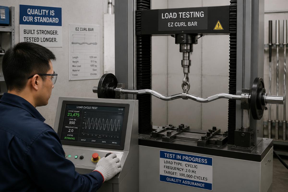 A technician running load cycle tests on a steel EZ curl bar in a production facility