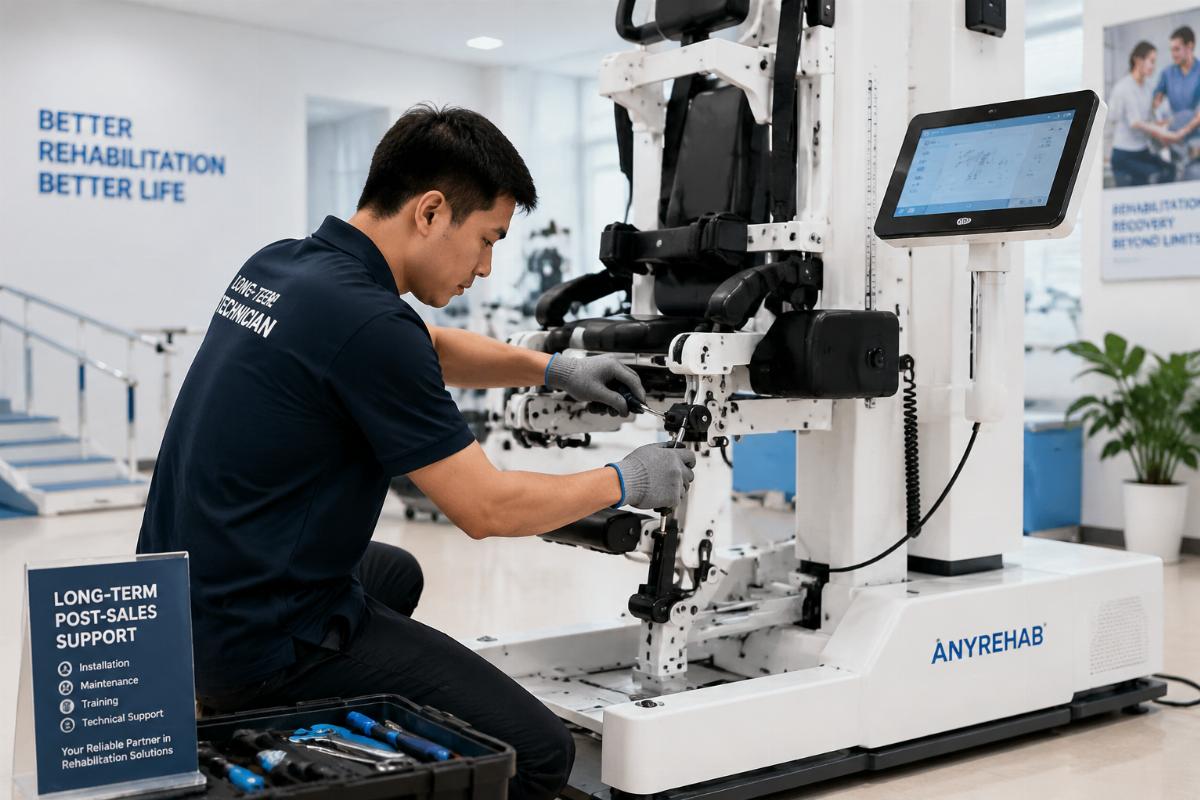 A service technician performing routine maintenance on a clinical rehabilitation unit