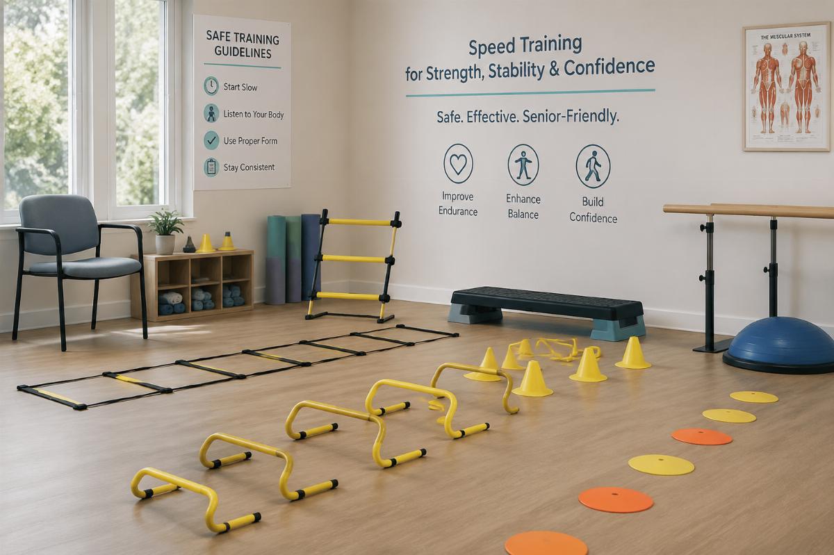 A compact speed training set arranged in a physical therapy clinic space for senior rehabilitation use