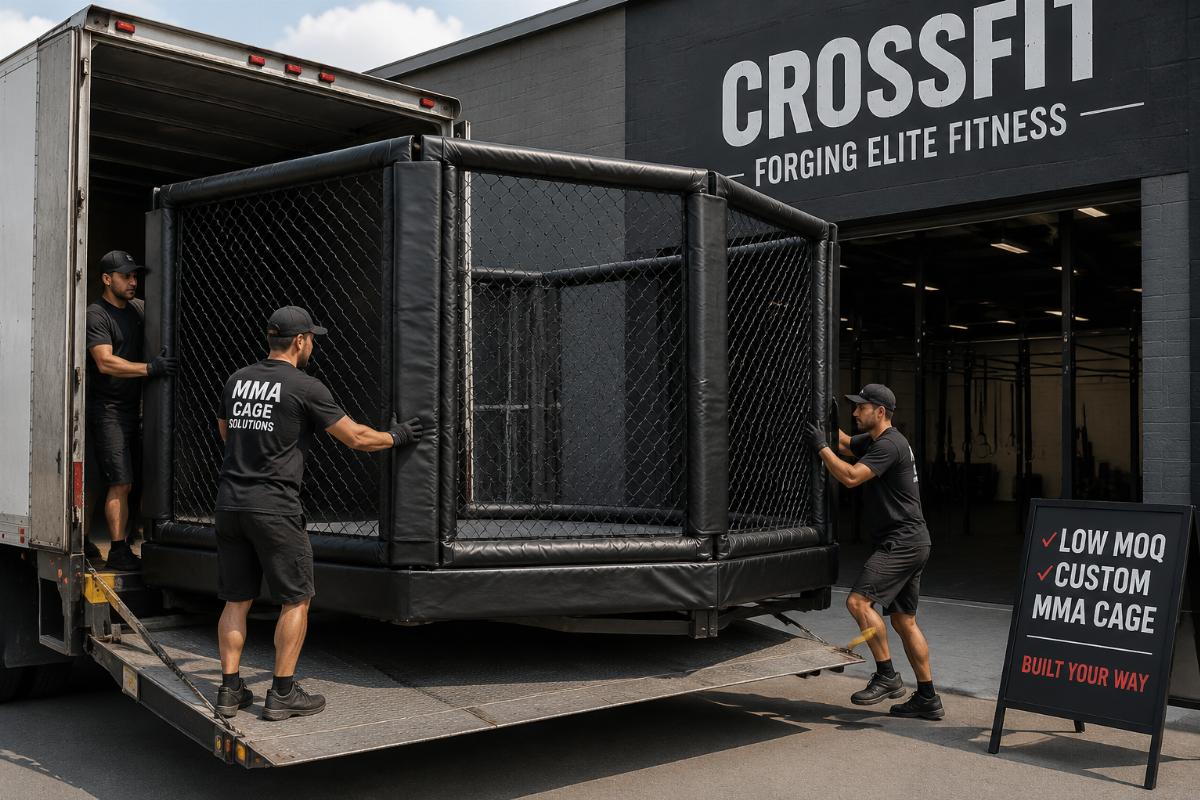 A single custom MMA cage being unloaded for a small CrossFit facility installation