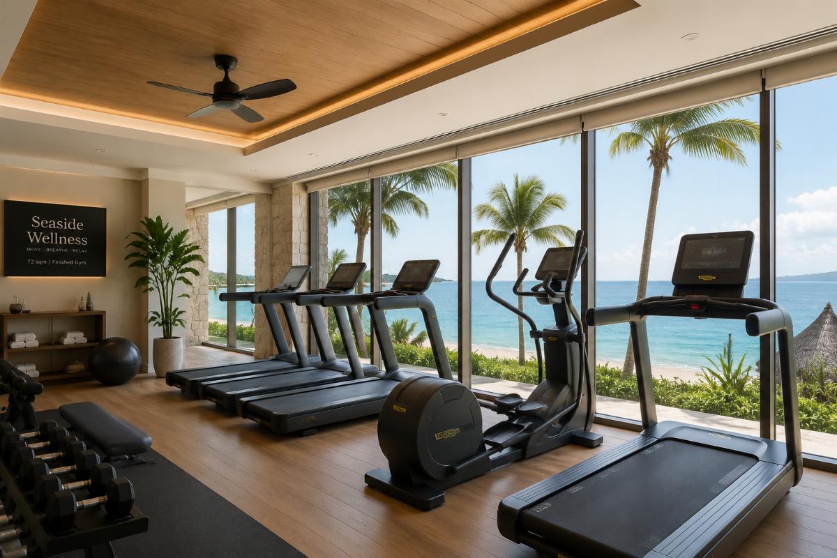 Finished 72 sqm seaside resort gym with low-noise cardio equipment facing the ocean view