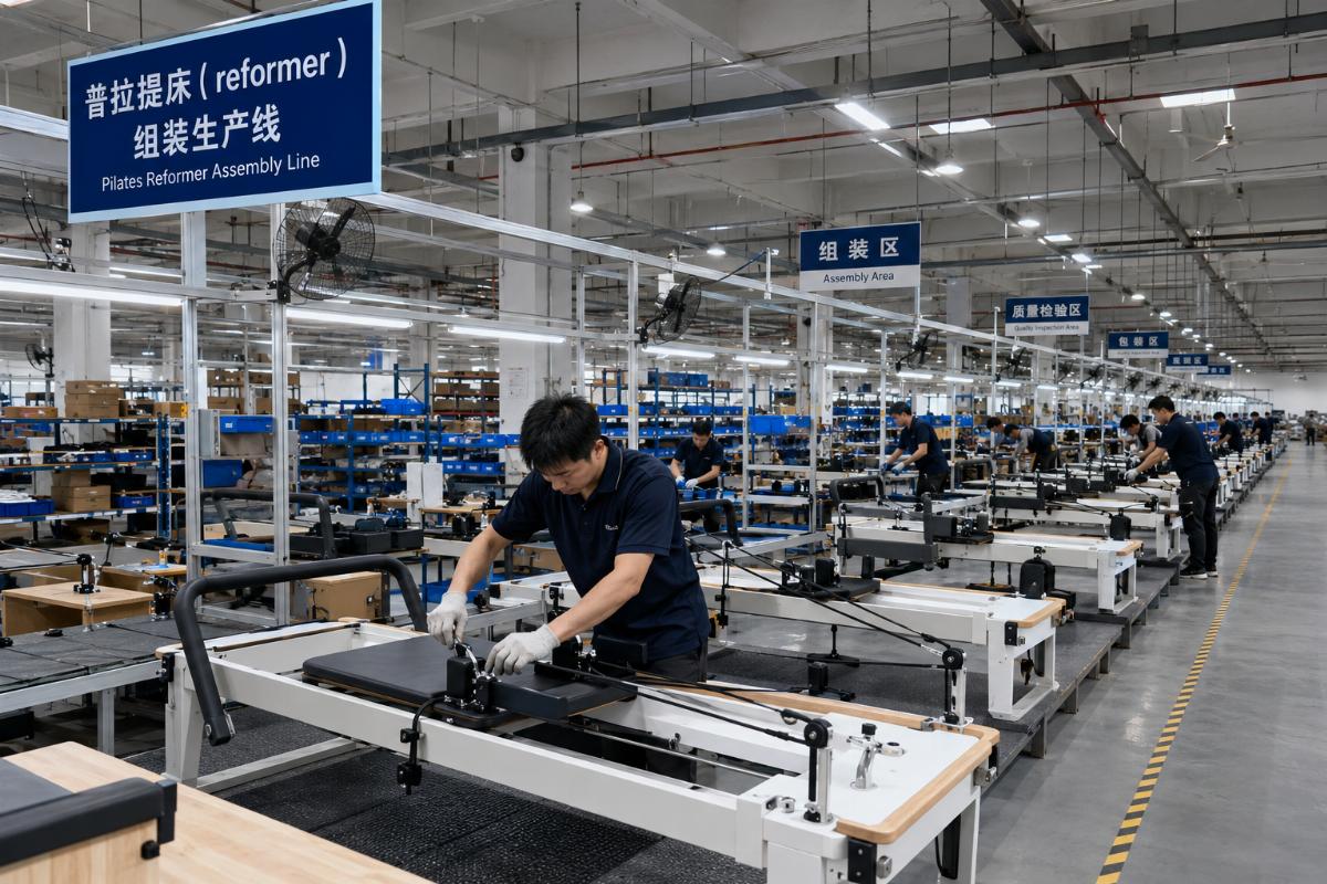 Factory floor showing dedicated Pilates reformer assembly lines