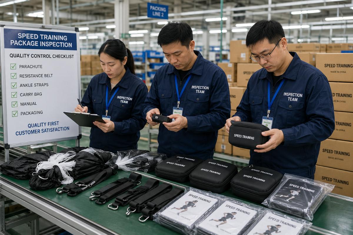 An inspection team checking speed training package components on a factory production line