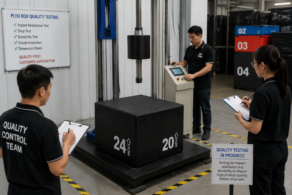 Supplier quality control team testing foam plyo box impact resistance