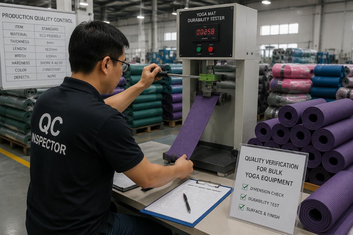 A third-party quality inspector testing yoga mat durability in a production facility