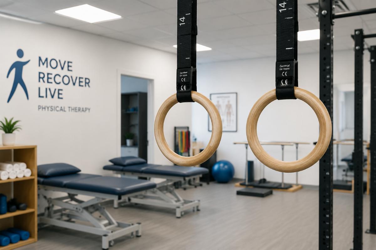 Wooden gymnastic rings installed in a physical therapy clinic rehabilitation space for low-impact bodyweight training
