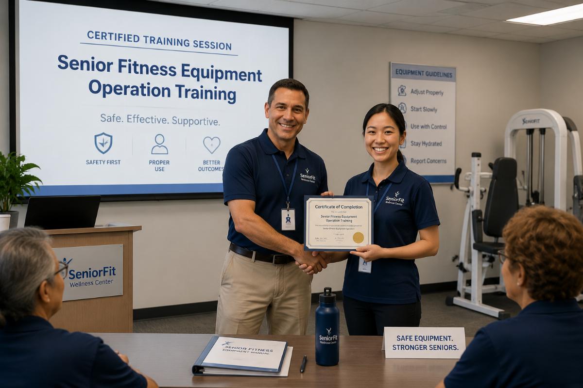 A facility staff member completing a certified senior fitness equipment operation training session