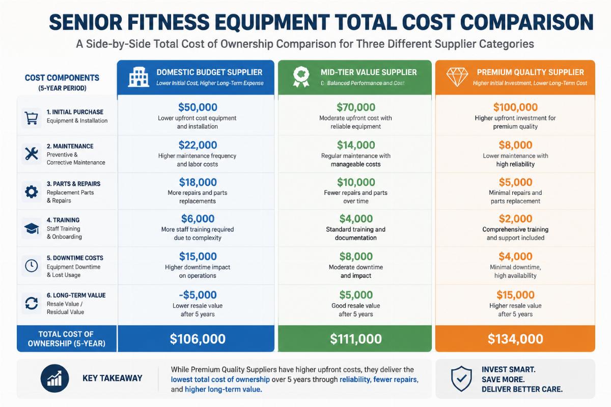 A side-by-side total cost of ownership comparison for three different senior fitness equipment supplier categories
