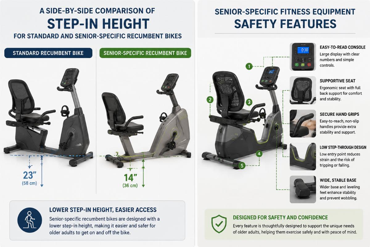 A side-by-side comparison of step-in height for standard and senior-specific recumbent bikes