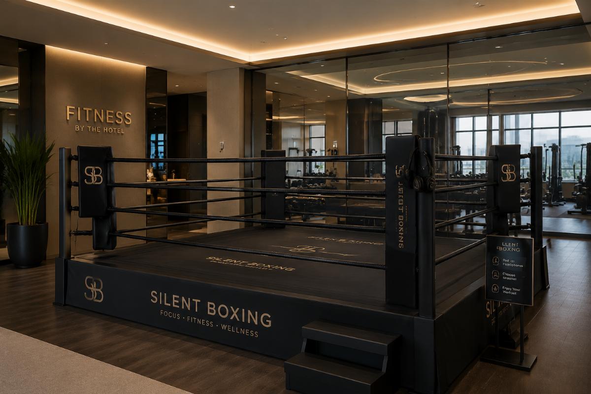 A compact silent boxing ring fitted into a luxury hotel fitness center