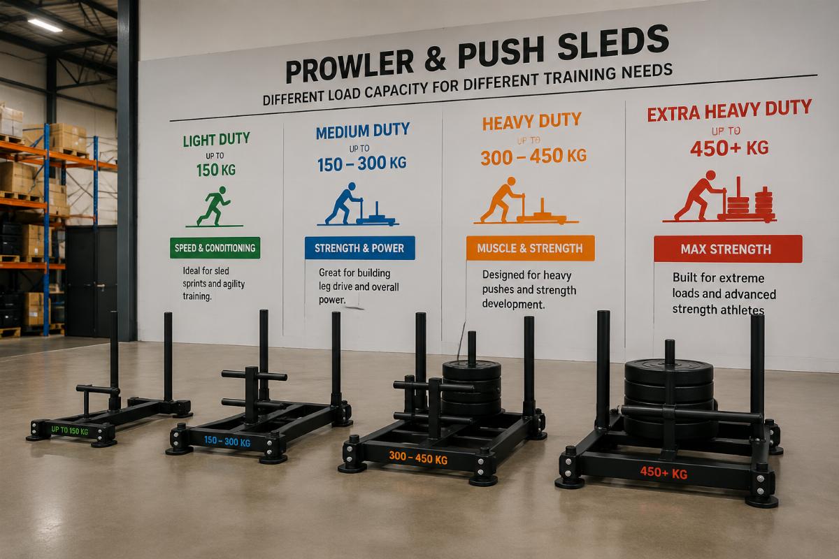 Different load capacity prowler and push sleds displayed in a factory warehouse