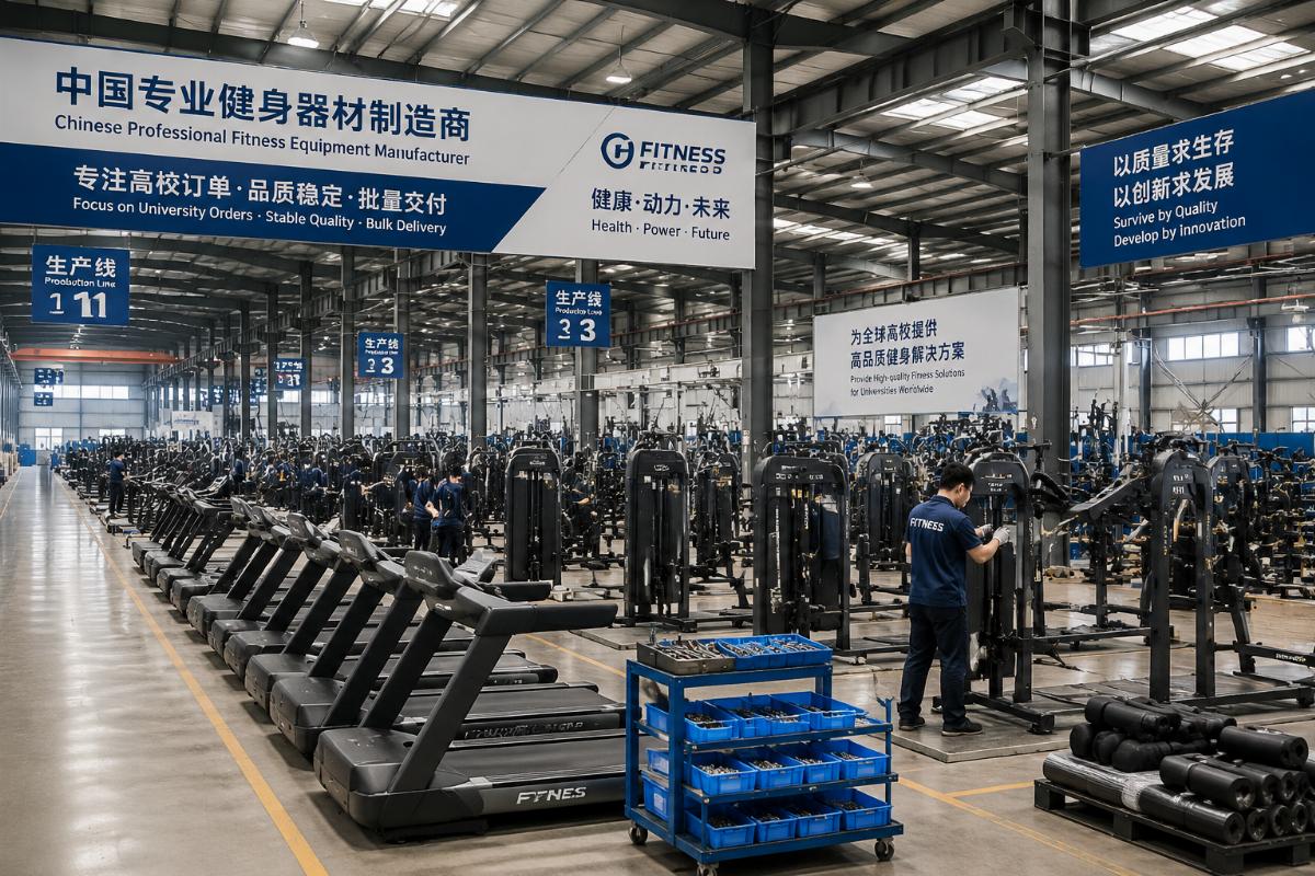 Factory production line for commercial gym equipment at a specialized Chinese manufacturing facility