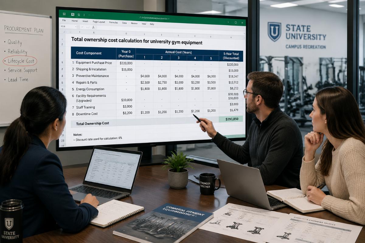 Procurement team calculating total ownership cost for bulk gym equipment on a digital spreadsheet