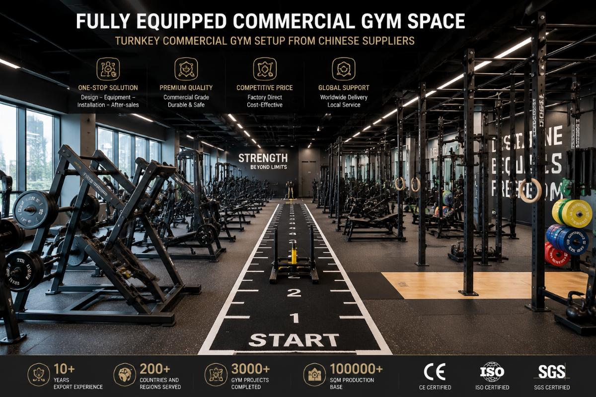 Fully equipped commercial gym space with crossfit rigs and strength machines