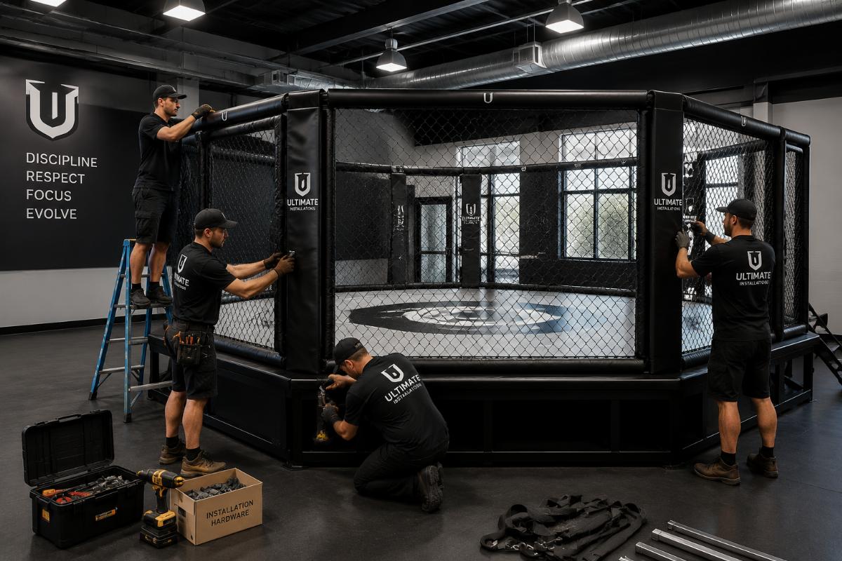 A team completing installation of a custom MMA cage for a commercial training facility