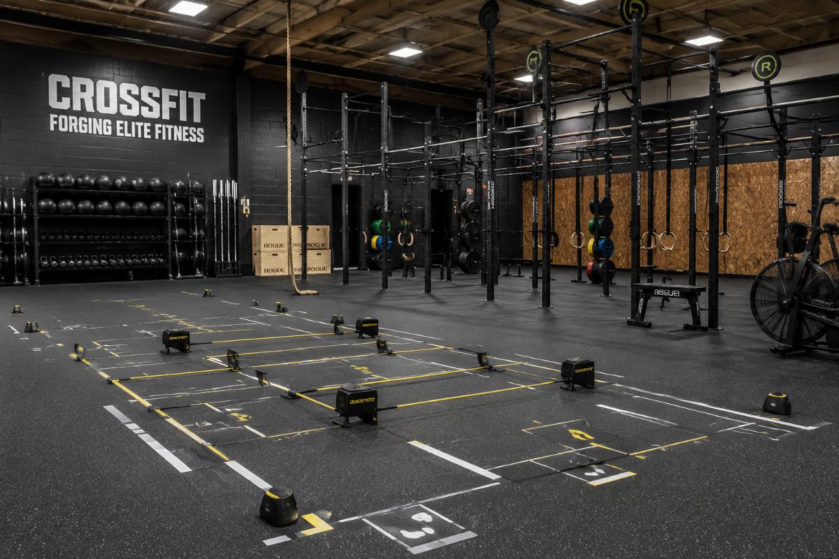 A CrossFit gym floor with installed speed training sets, strength rigs and functional equipment for member use