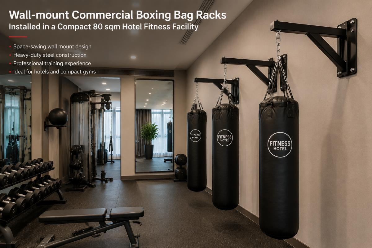Wall-mount commercial boxing bag racks installed in a compact 80 sqm hotel fitness facility