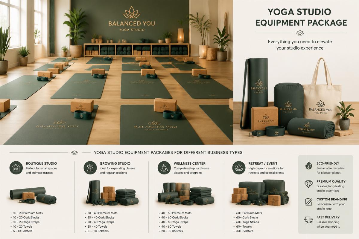 Yoga studio floor set up with matching branded mats and blocks
