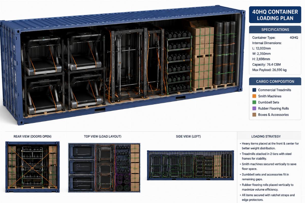 3D rendering of a 40HQ container loaded with commercial treadmills, Smith machines, dumbbell sets, and rubber flooring rolls optimized for maximum space utilization