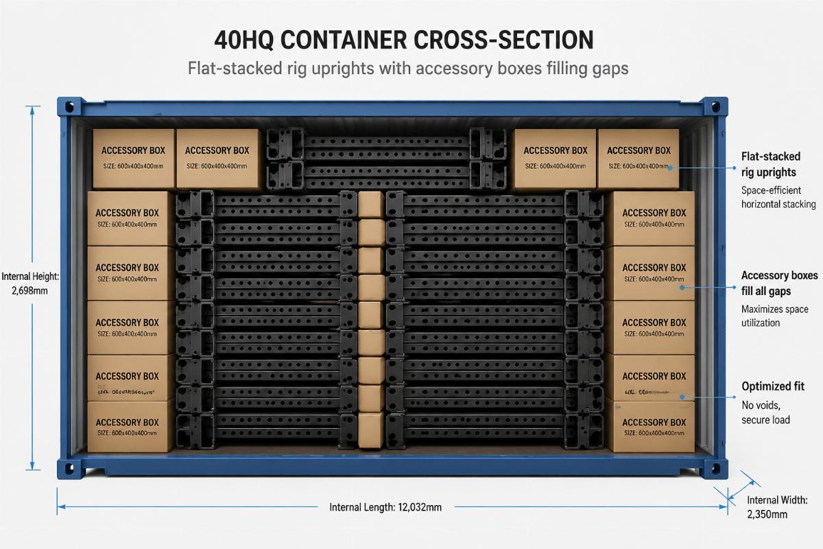 40HQ container cross-section showing flat-stacked rig uprights with accessory boxes filling gaps