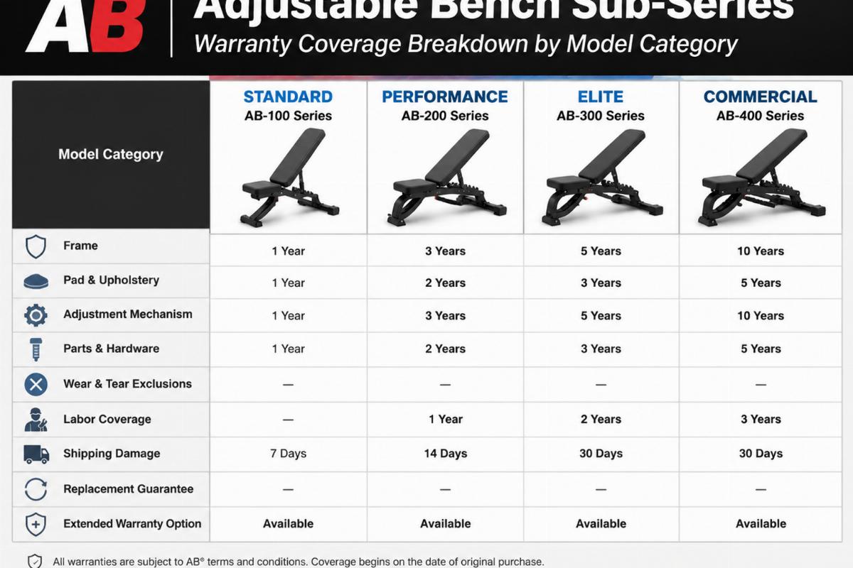 AB adjustable bench sub-series warranty coverage breakdown by model category