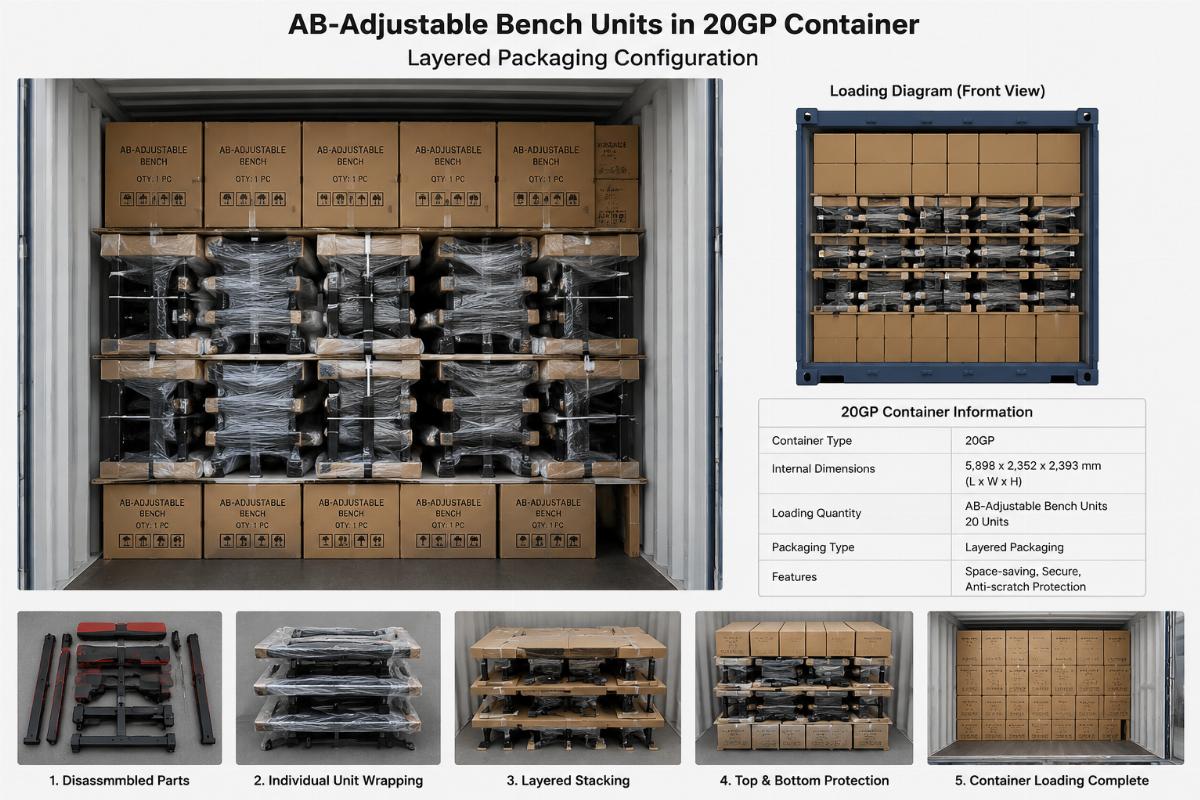 AB-Adjustable Bench units arranged inside a 20GP container showing layered packaging configuration