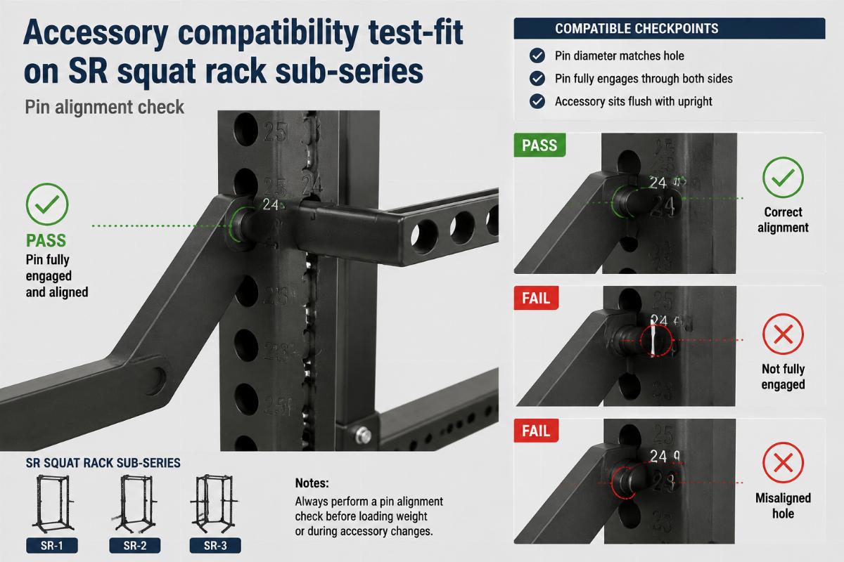 Accessory compatibility test-fit on SR squat rack sub-series showing pin alignment check