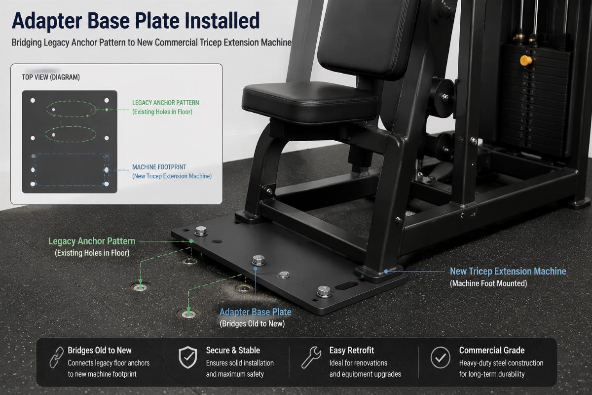 Adapter base plate installed between legacy anchor pattern and new commercial tricep extension machine