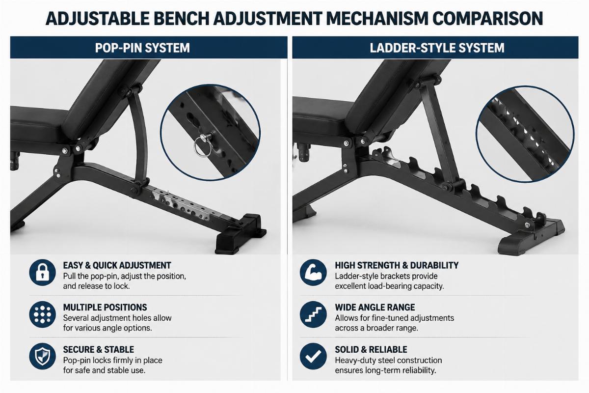 Adjustable bench adjustment mechanism comparison showing pop-pin and ladder-style systems