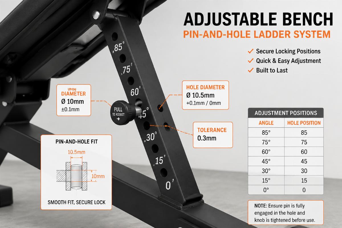 Adjustable bench adjustment mechanism showing pin-and-hole ladder system with tolerance callouts