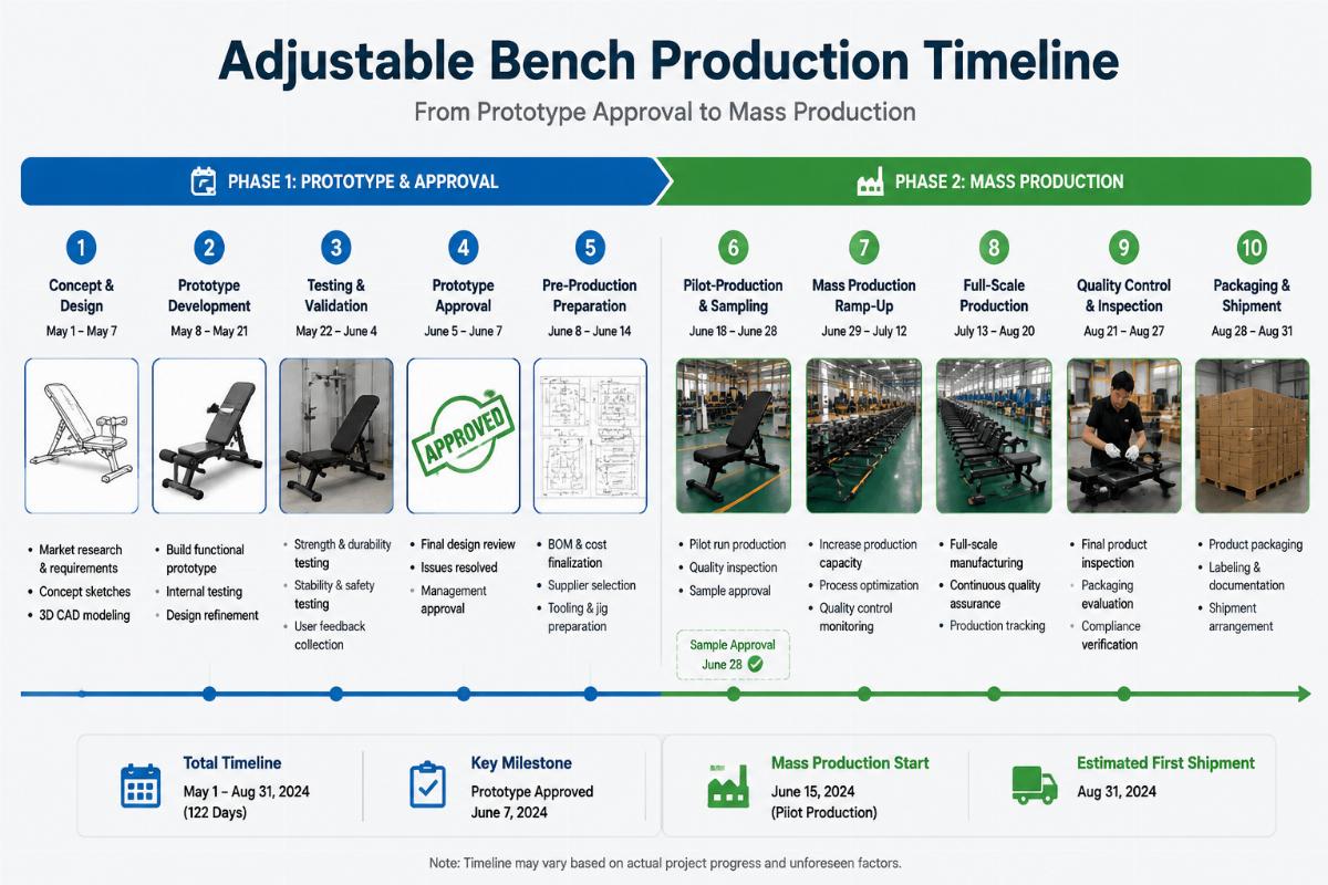 Adjustable bench production timeline showing prototype approval and mass production phases