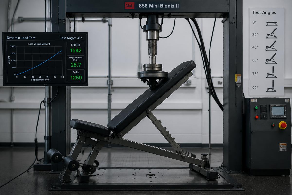 Adjustable bench undergoing dynamic load testing at multiple incline angles