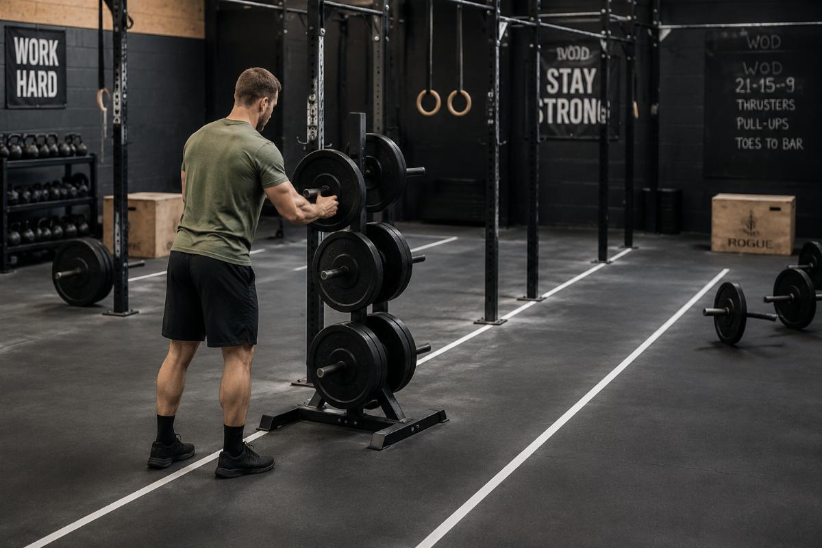 Athlete accessing plate storage tree during WOD transition with clear movement corridor