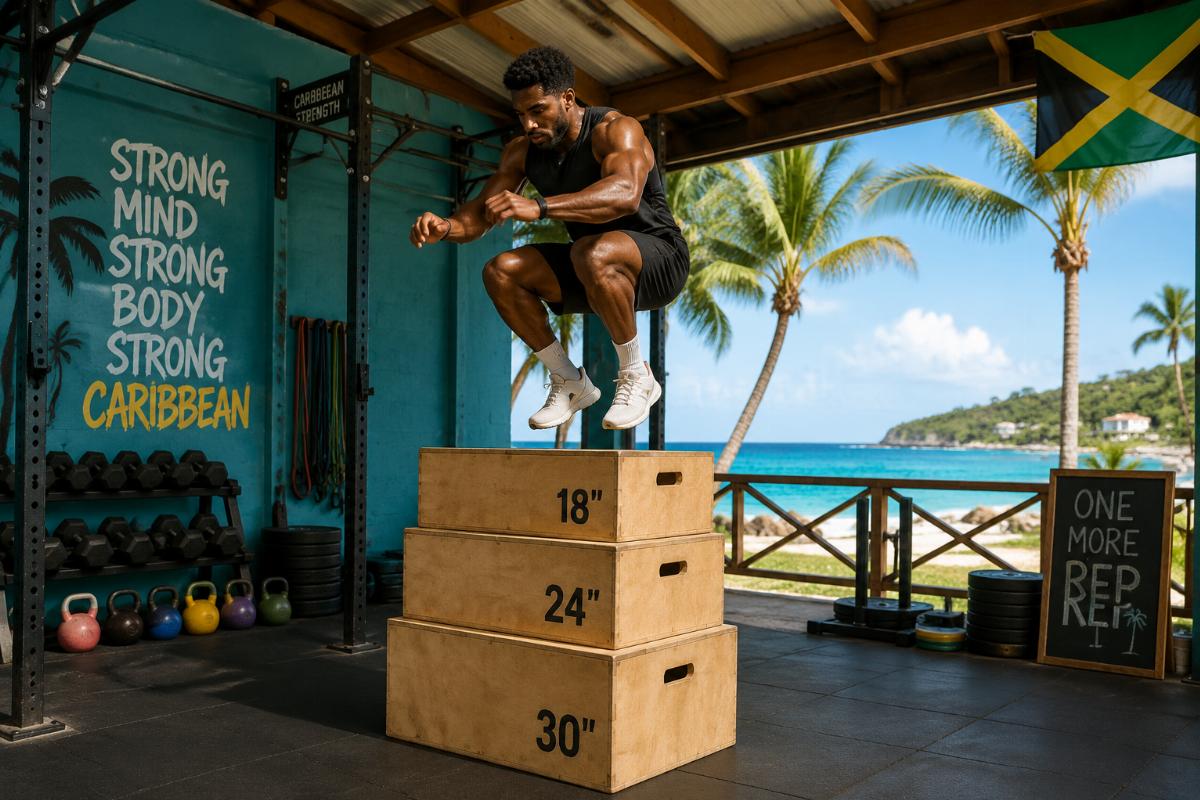 Athlete performing box jumps on a three-tier plyo box set in a Caribbean gym environment
