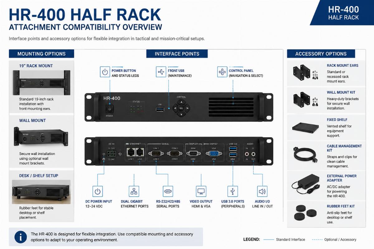 Attachment compatibility overview for HR-400 half rack showing interface points and accessory options