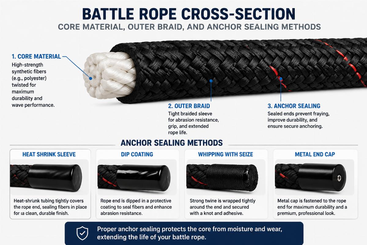 Battle rope cross-section showing core material, outer braid, and anchor sealing methods
