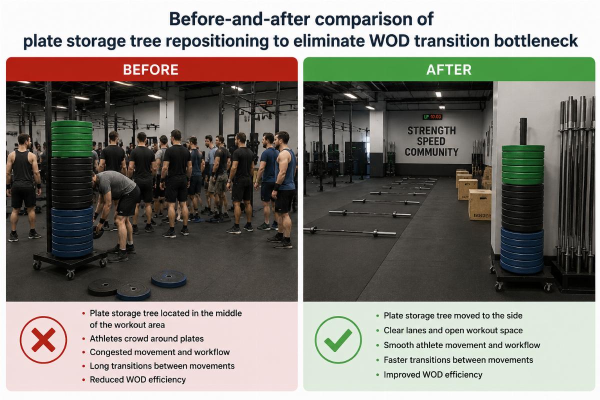 Before-and-after comparison of plate storage tree repositioning to eliminate WOD transition bottleneck