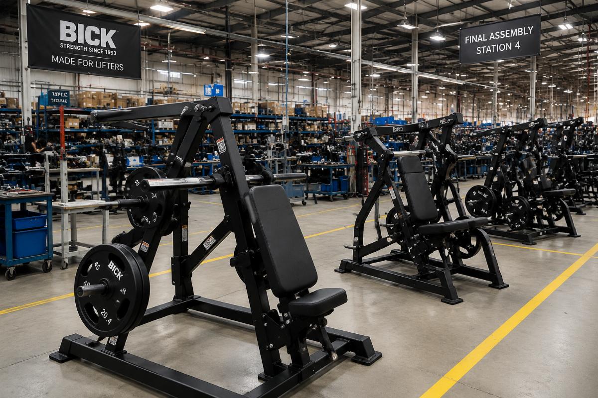 BICK factory floor showing plate-loaded strength machines in final assembly stage