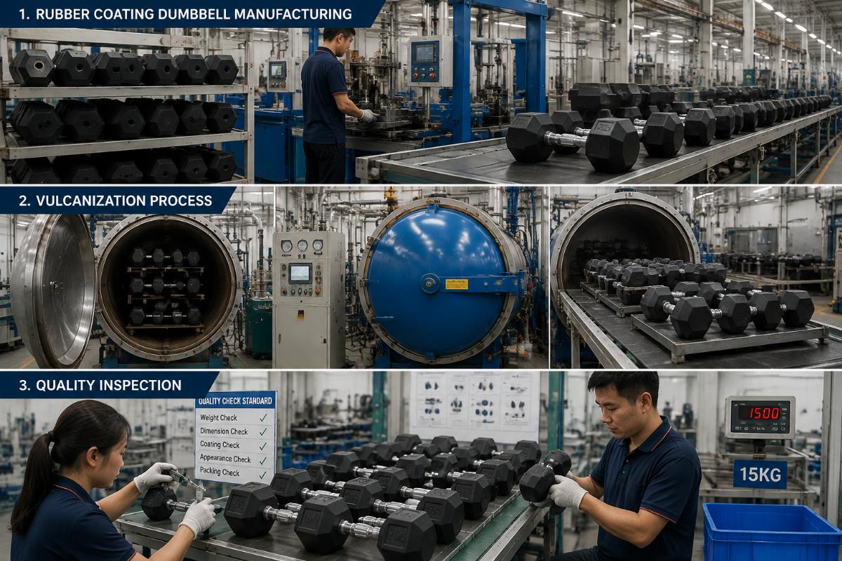 Bick factory production line showing rubber coated dumbbell set manufacturing, vulcanization, and quality inspection